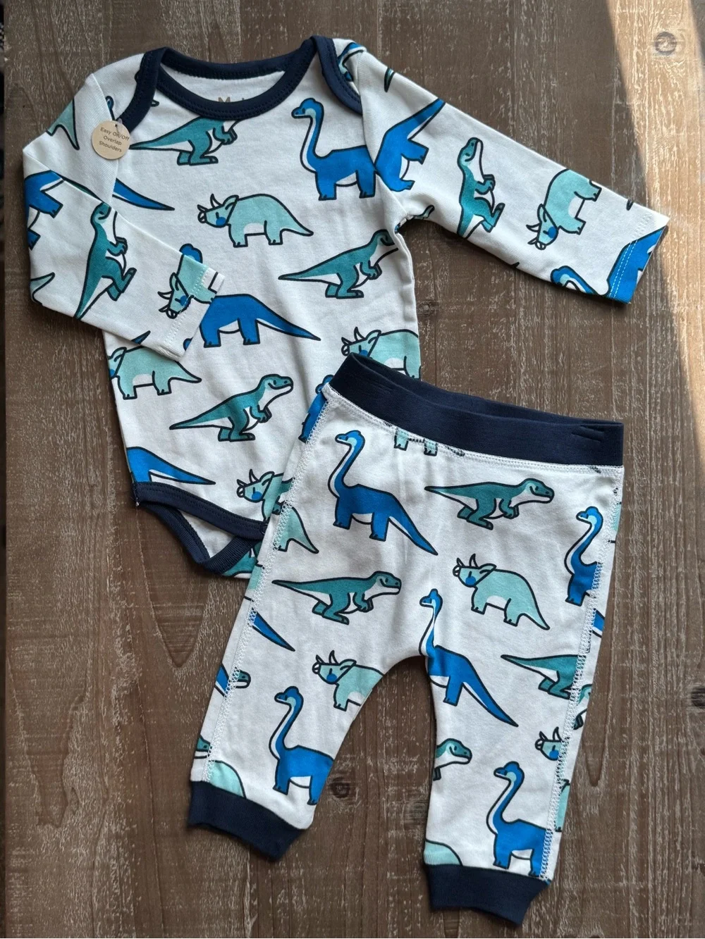 +NWOT Monica + Andy Blue Dinosaur Bodysuit Jogger Set 3-6M Baby Boy Organic